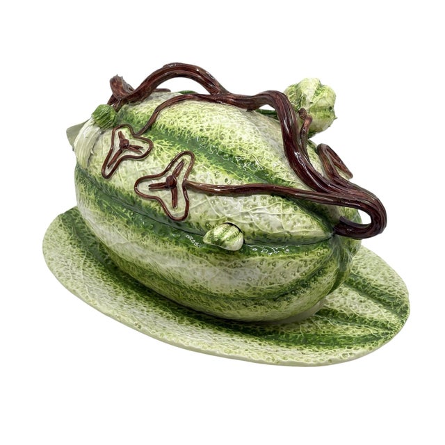 Traditional Vintage Italian Majolica Green Stipe Melon Tureen Tablescape Decor For Sale - Image 3 of 12