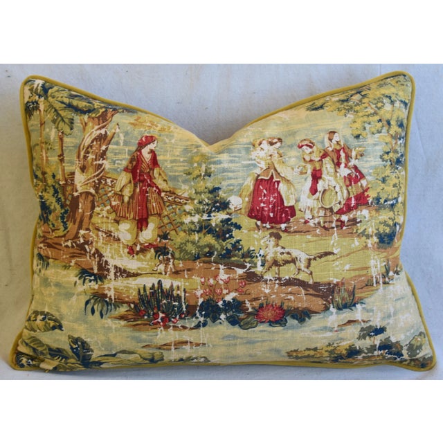 Romantic French Country Toile Linen & Velvet Feather/Down Pillow 24" X 18" For Sale In Los Angeles - Image 6 of 6