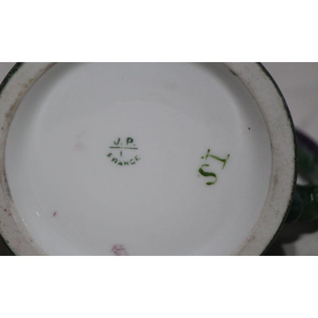 Pair of Beautiful Antique JPL Limoges Hand Painted Grape Themed Porcelain Tankards For Sale - Image 6 of 6