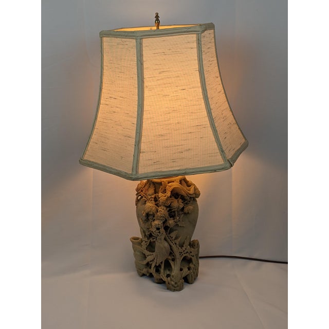 Cream Mid-20th-Century Chinese Hand-Carved Soapstone Bird and Floral Vase Lamp For Sale - Image 8 of 11