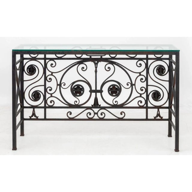 Black Glass Top Wrought Iron Console Table For Sale - Image 8 of 8
