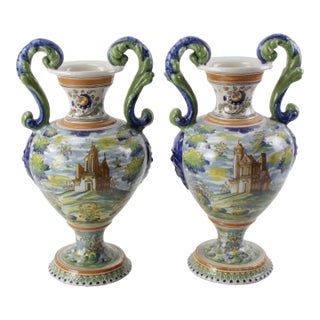 Pair of Antique Italian Majolica Italian Blue and Green Two Handled Urns For Sale