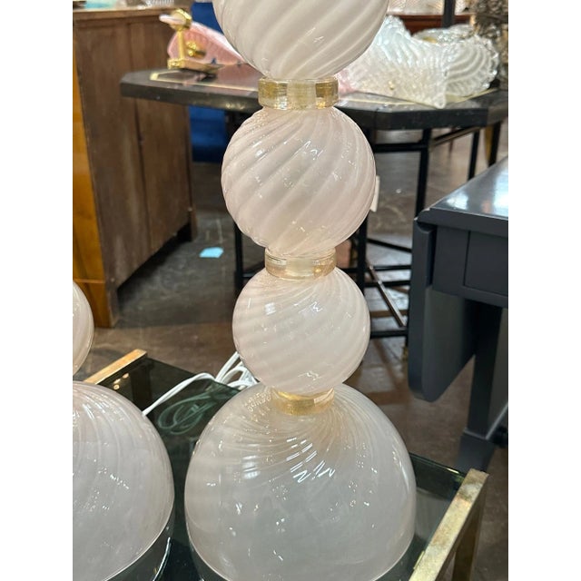 Pair of Murano Pink Opalescent Glass Ball Lamps For Sale - Image 4 of 7