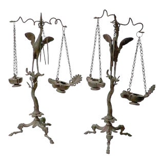 19th C. Grand Tour Candlesticks Bronze Heron Oil Lamps Made in Italy For Sale