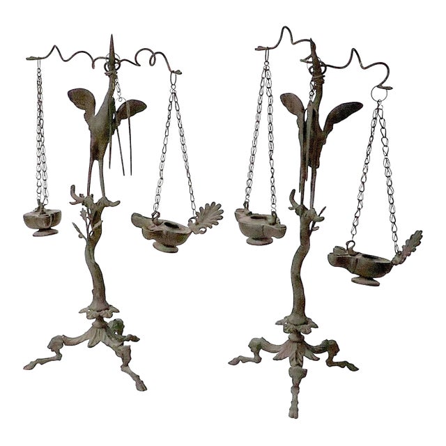19th C. Grand Tour Candlesticks Bronze Heron Oil Lamps Made in Italy For Sale