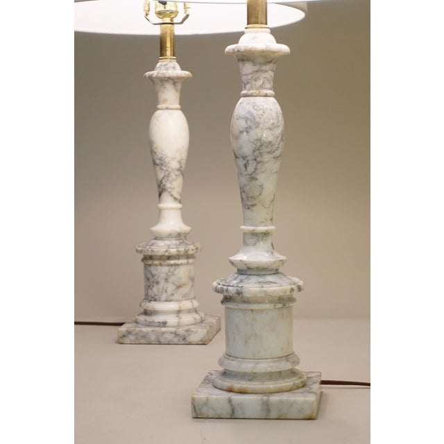 1960s Large Matched Pair Neo Classic Hollywood Regency Modern Carrara Marble Tuscan Column Style Table Lamps For Sale In Los Angeles - Image 6 of 11