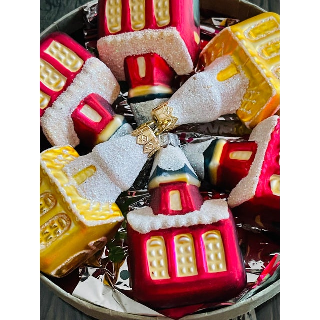 Traditional Vintage European Mercury Glass Christmas Ornaments Churches in Box - Set of 6 For Sale - Image 3 of 3