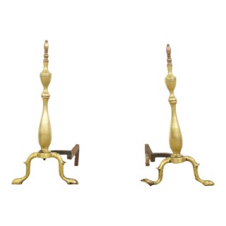 Pair of Antique Federal Brass Fireplace Andirons For Sale
