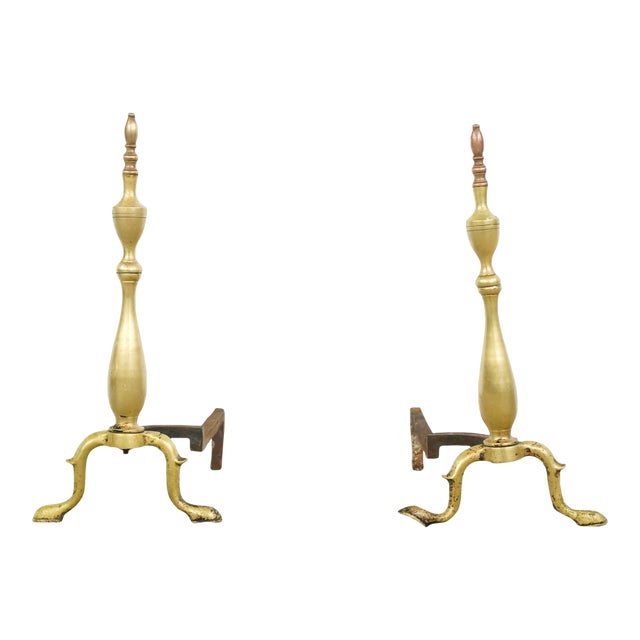 Pair of Antique Federal Brass Fireplace Andirons For Sale