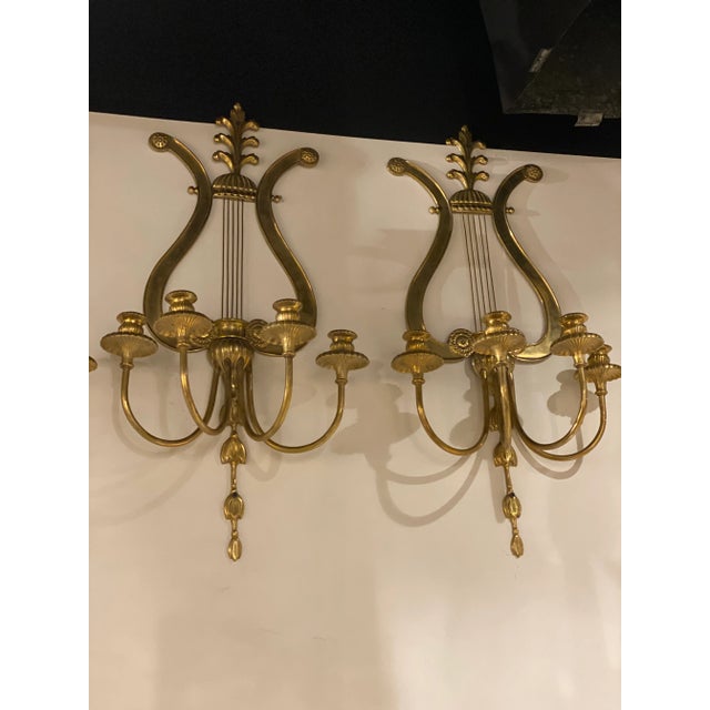 Metal 1920s Lyre Design Gilt Bronze 4 Lights Sconces - Pair For Sale - Image 7 of 10