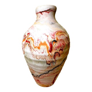 Boho Chic Nemadji Swirl Vase in Red Orange & Gray Studio Pottery For Sale