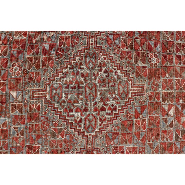 Early 20th Century Antique Distressed Persian Medallion Shiraz Rug in Shades Rusty Red & Steel Blue For Sale - Image 5 of 10