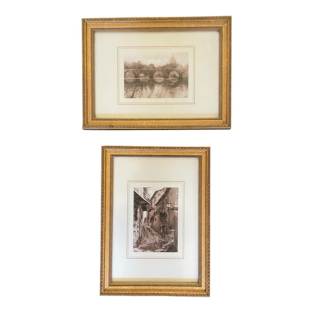 Vintage Italian Sepia-Toned Framed Prints, Rome Landmark and Old World Street Scene - Pair For Sale