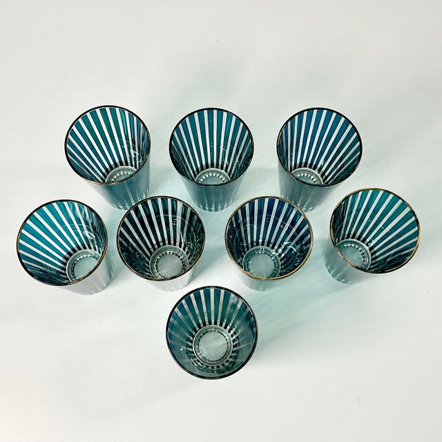 Teal 1950s Vintage Boho Chic Carnival Tent Striped Tumbler Glasses - Set of 8 For Sale - Image 8 of 11