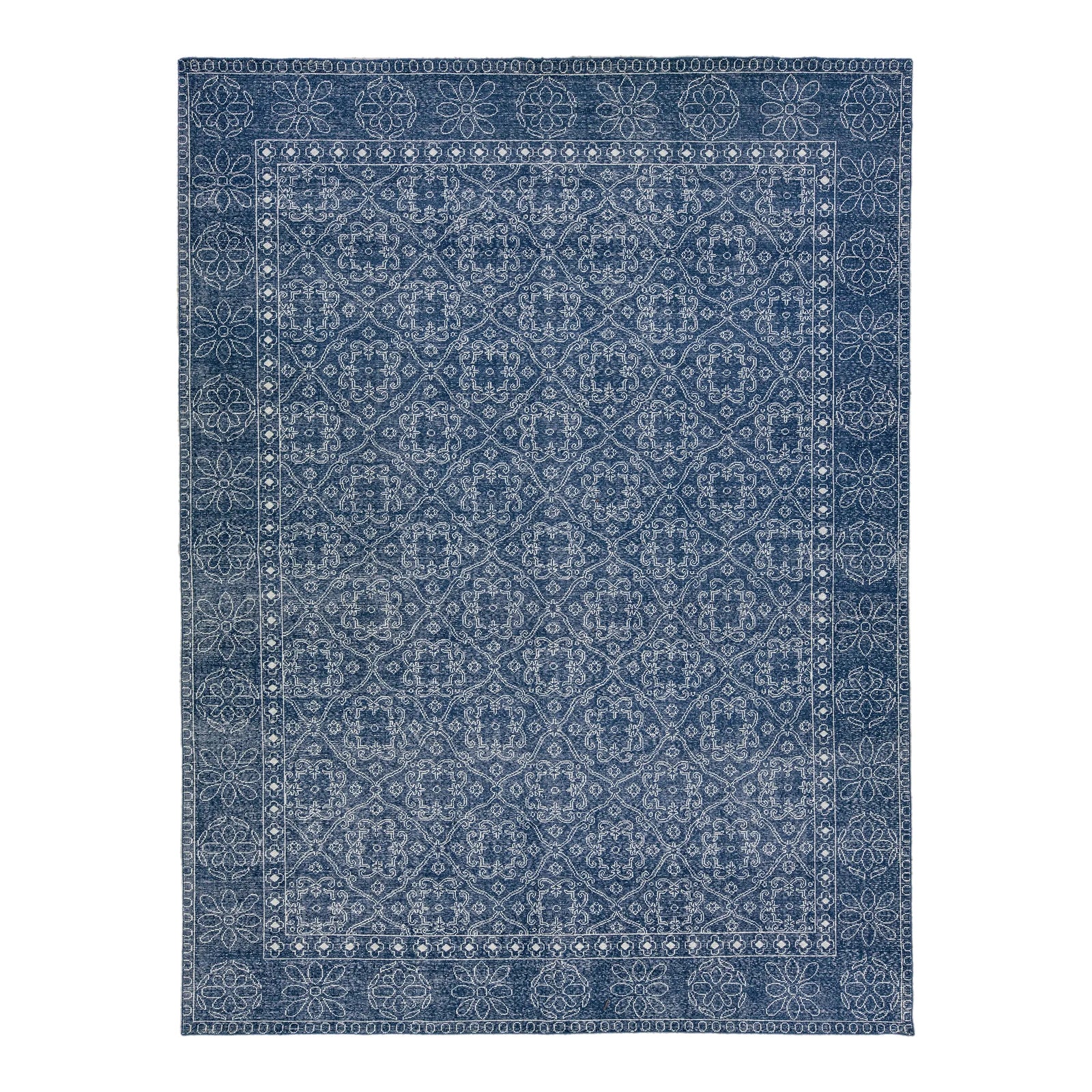 Mid-Century Modern Style Handmade Floral Trellis Motif Navy Blue Wool ...