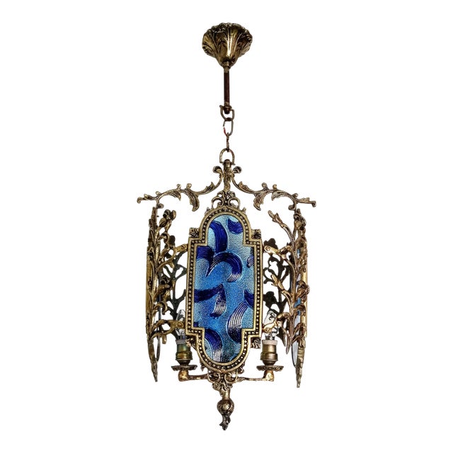 Vintage French Brass Stained Glass Style Blue Colored Chandelier Basket Ceiling Fixture For Sale