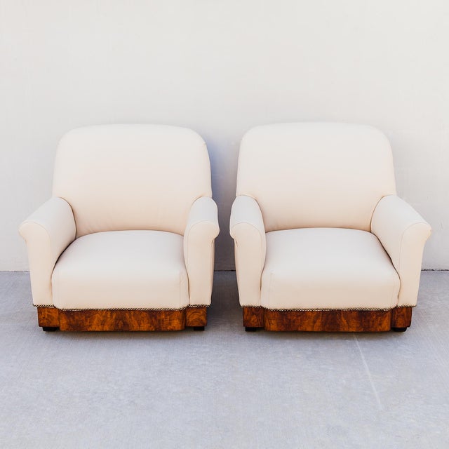 Vintage Italian Art Deco Club Chairs in Walnut Burl and Edelman Leather For Sale In Los Angeles - Image 6 of 12
