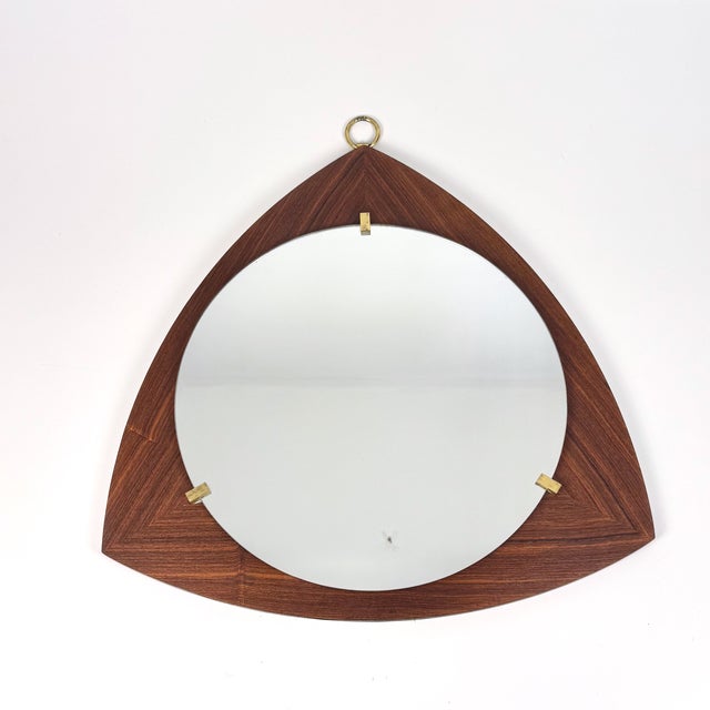 Triangular Teak Veneer and Brass Frame Wall Mirror, 1960s For Sale - Image 6 of 6