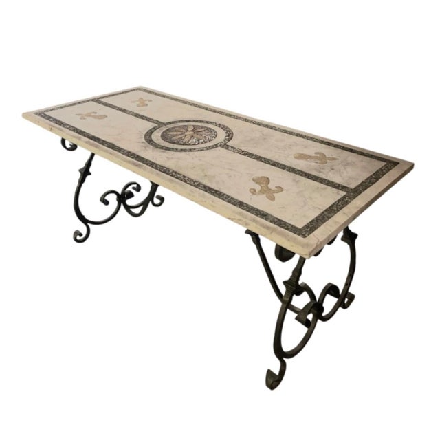 Vintage Italian-Style Inlaid Marble Dining Table on Wrought Iron Scroll Base For Sale - Image 4 of 11