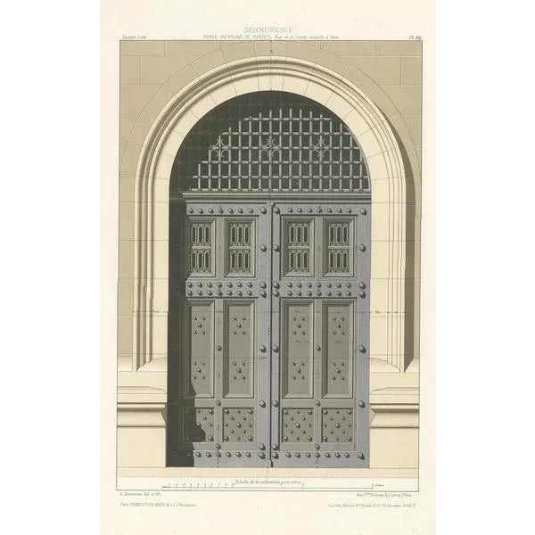 Antique print titled 'Locksmith Gate of the Palace of Justice, Rue de la Sainte in Paris'. Lithograph of one of the doors...