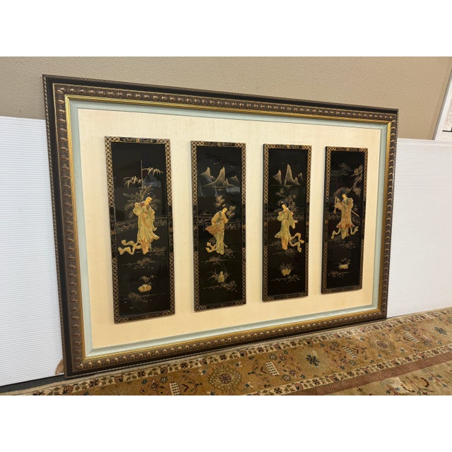Design Plus Gallery presents Japanese Lacquered Panel Inset in Frame from the Mid 20th Century. The set of four black...