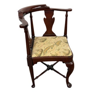 Vintage Queen Anne Style Corner Chair With Nautical Map & Sailing Ship Upholstery For Sale