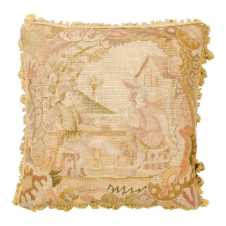 French 19th Century Aubusson Tapestry Pillow with Medieval-Style Genre Scene For Sale