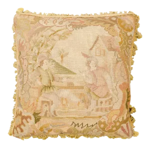 French 19th Century Aubusson Tapestry Pillow with Medieval-Style Genre Scene