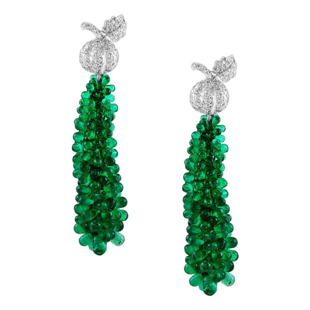 89 Carat Colombian Emerald Briolettes & Diamond Hanging Drop Earrings 18 Kt Gold For Sale