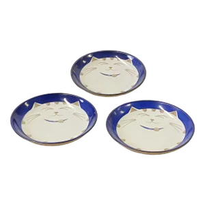 Lot of 3 Cat Head Graphic Round Blue Color Porcelain Small Plates