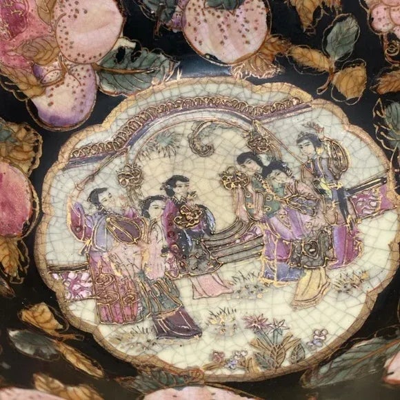 Chinese Vintage Andrea by Sadek Crackle Glaze Hand Painted Bowl - Ancient Chinese Girls in Center, Multicolor Fruit in Black, Gold Accent & Trim For Sale - Image 3 of 7