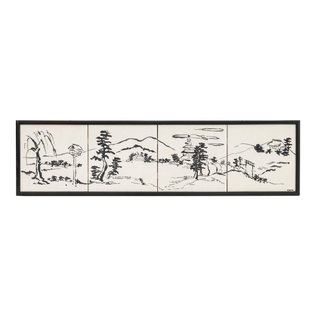 Carrie Robbins Set of Four Japanese Landscape Scene With Pagoda Tiles, 1958 For Sale