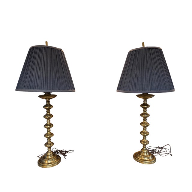 Brass Mid 20th Century Leviton Brass Spindle Lamps With Navy Shades - a Pair For Sale - Image 8 of 8