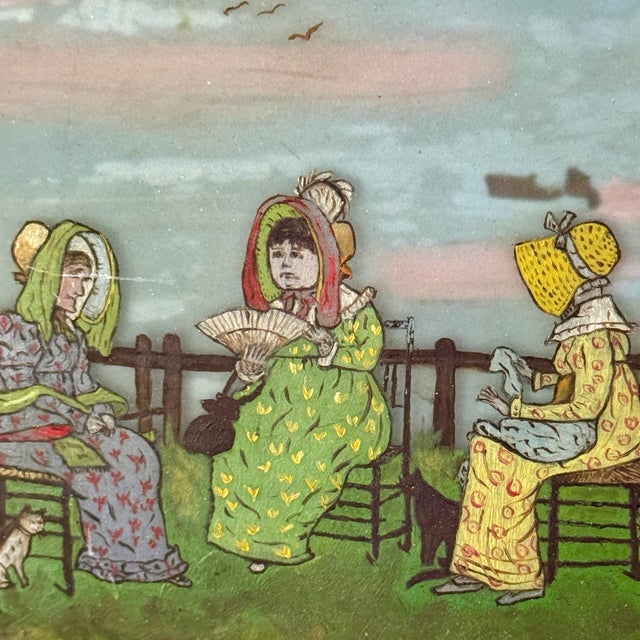 Blue Antique Glass Painting of Nursery-Rhyme Like Theme With Children & Adults Outside For Sale - Image 8 of 11