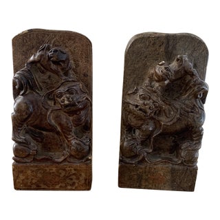 Chinese Carved Stone Foo Dog Bookends- a Pair For Sale