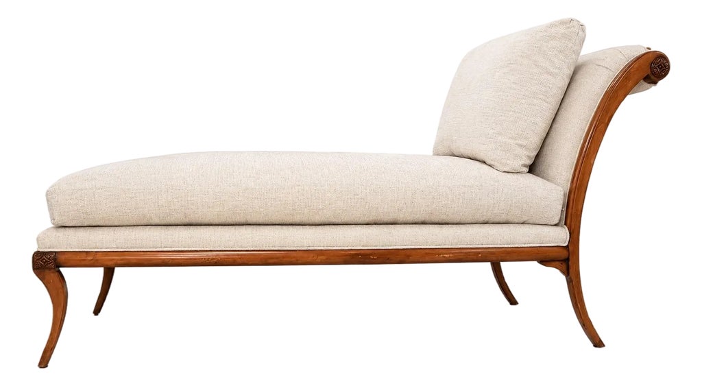 Vintage Walnut Klismos Chaise Lounge in Textured Cream Upholstery