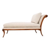Vintage Walnut Klismos Chaise Lounge in Textured Cream Upholstery For Sale
