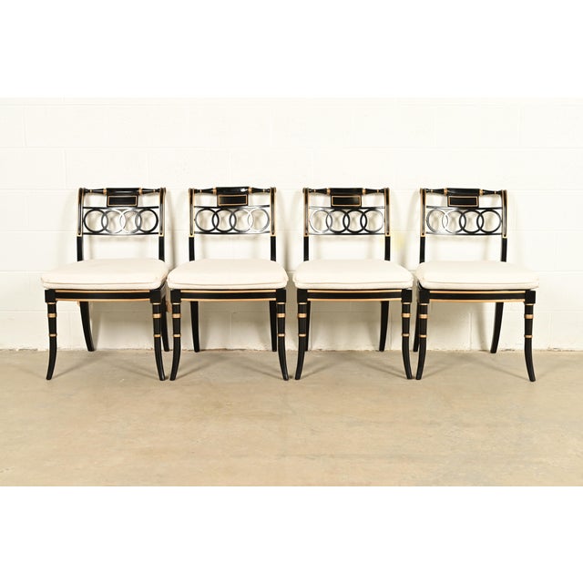 English Baker Furniture Historic Charleston Regency Ebonized and Gold Gilt Dining Chairs, Set of Four For Sale - Image 3 of 16