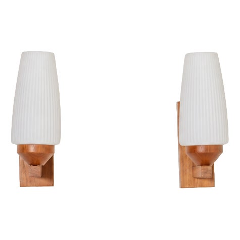 Teak and Opaline Glass Wall Lamps, 1950s, Set of 2 For Sale