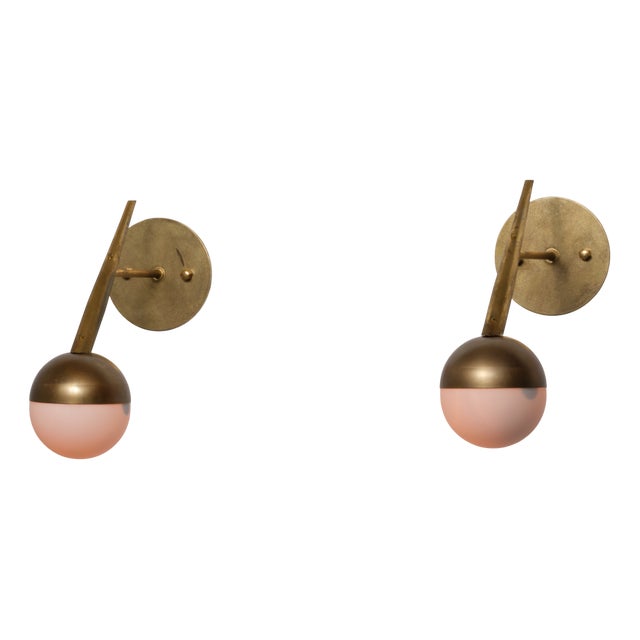Vintage Italian Brass and Opaline Glass Globe Wall Sconces, 1950s, Set of 2 For Sale