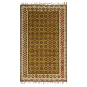 Vintage Mid-Century Sarkoy Geometric Beige-Brown and Green Wool Kilim Rug- 4′ × 6′4″