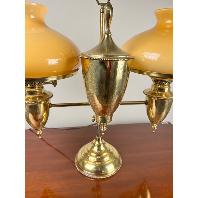 Orange Antique Bradley and Hubbard Brass Double-Arm Student Lamp With Carmel Shades For Sale - Image 8 of 12