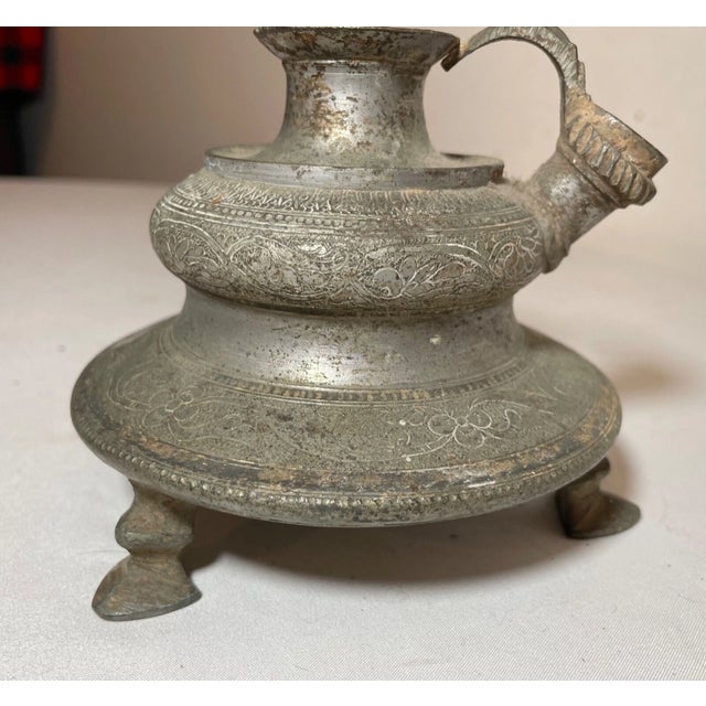 Islamic Rare Antique 18th Century Islamic Middle Eastern Footed Engraved Bronze Oil Lamp For Sale - Image 3 of 12