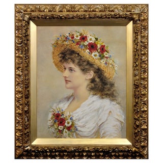 Alice Anne Renshaw, Young Lady with Summer Meadow Flowers in Her Straw Hat, Watercolour & Gouache Painting, 1800s, Framed For Sale
