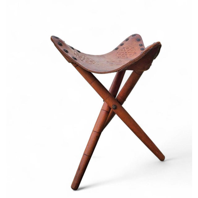 Vintage Tooled Leather Tripod Chairs, Set of 2 For Sale - Image 14 of 18