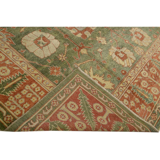 Modern Modern Turkish Oushak Handmade Floral Motif Green Wool Rug For Sale - Image 3 of 10
