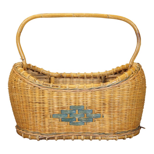 Large Vintage Woven Wicker Harvest Basket with Bentwood Bamboo Handle For Sale