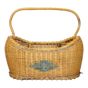 Large Vintage Woven Wicker Harvest Basket with Bentwood Bamboo Handle