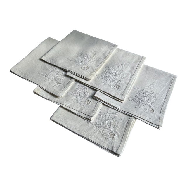 Set of 6 Mid 20th Century Off White Linen & Cotton Dining Napkins With Cut Work For Sale