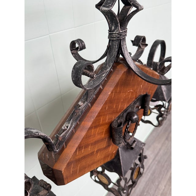 Vintage Brutalist 3-Light Lantern in Wood and Wrought Iron, 1970s For Sale - Image 6 of 18